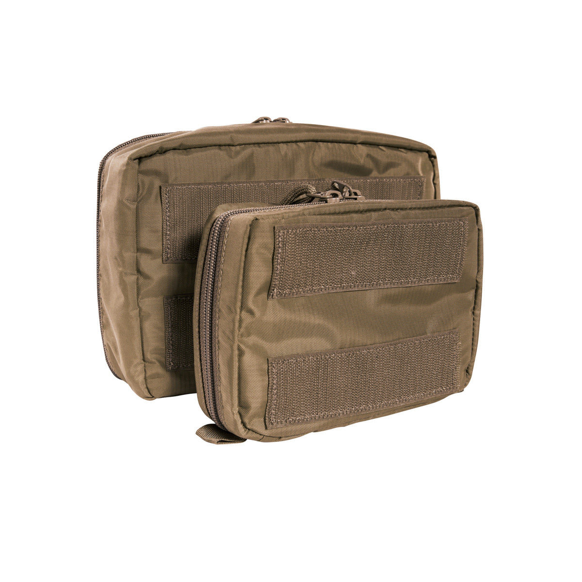 Three quarter back view of Tasmanian Tiger Medic Pouch Set VL with zip to flat zipper and hook panel for use with hook-and-loop mounting systems - Coyote Brown