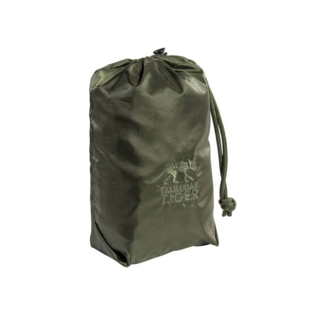 Three quarter front view of Tasmanian Tiger raincover with Large Tasmanian Tiger logo on the front and a drawstring close at the top - Olive | Ships from Melbourne