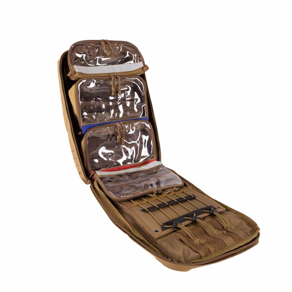 Tasmanian Tiger Medic Assault Pack MK II #L unzipped and opened out flat to show removable transparent fronted pouches as well as bungee and other fixings - Coyote Brown