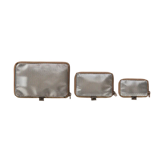 Tasmanian Tiger Mesh Pouch Set VL showing front of small, medium, large sizes with zippered closing - Coyote Brown
