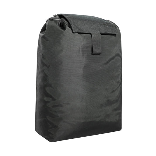 Three quarter front view of Tasmanian Tiger Dump Pouch MK II small folding throw bag with top flap in place - Black