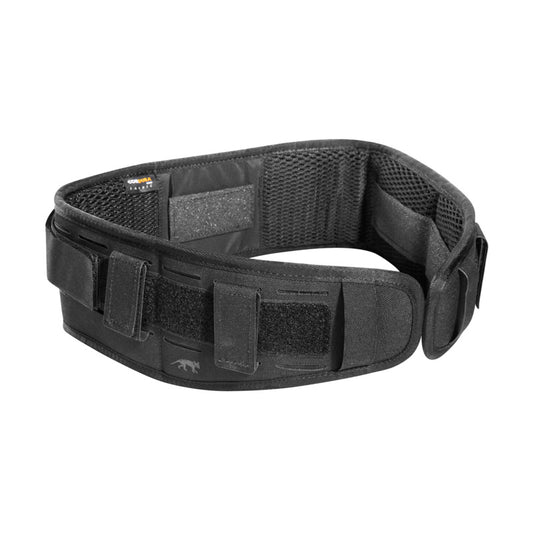 Three quarter front view of Tasmanian Tiger Belt Padding M&P intermediate belt for use with tactical belts and load-bearing setups. Inner surface features hidden hook-and-loop strips, allowing secure attachment to under-belt or application belt. Ventilated mesh padding improves airflow, tapered front ensures comfort when sitting or crouching - Black | Ships rom Melbourne