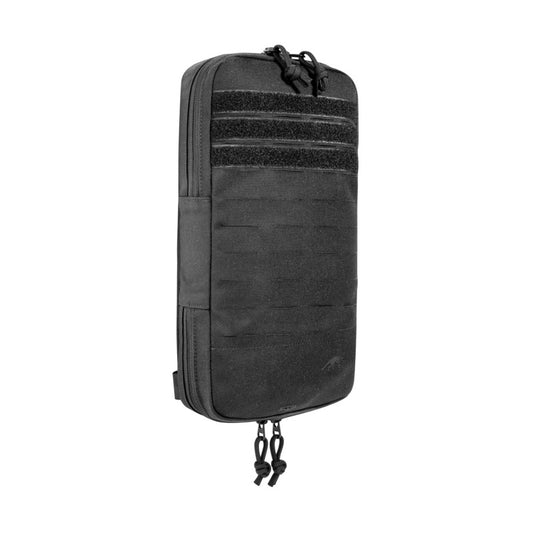 Three quarter front view of Tasmanian Tiger Bladder Pouch Extended MKII with zipper at bottom. Full-length laser-cut MOLLE system - Black | Ships from Melbourne