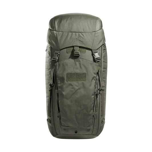 Front view of 45 litre IRR Tasmanian Tiger modular universal deployment pack with height adjustable, detachable 5 litre lid and front folded pocket and laser-cut MOLLE on the sides and front – Stone Grey Olive