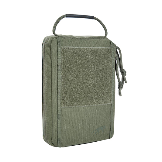 Three quarter front view of Tasmanian Tiger Notebook Pocket MK II with loop handle, all round zip and fleece panel for hook-and-loop surface attachment - Olive | Ships from Melbourne