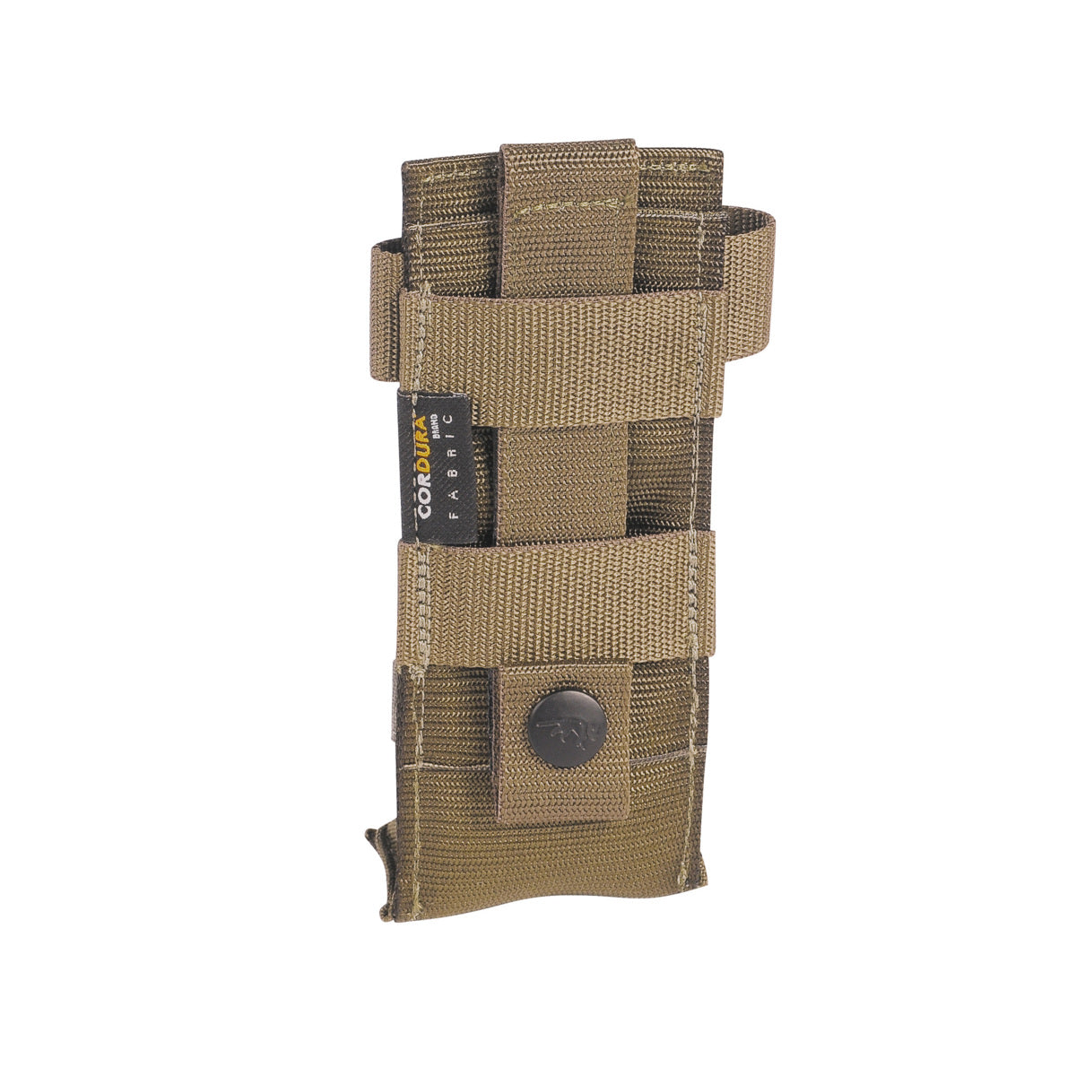 Three quarter back view of Tasmanian Tiger Tourniquet Pouch with MOLLE snap button system - Coyote Brown
