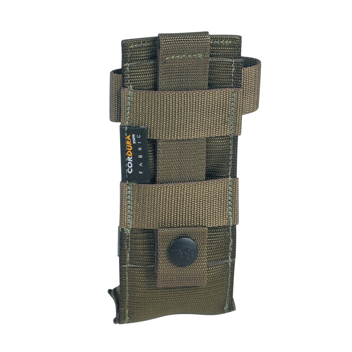Three quarter back view of Tasmanian Tiger Tourniquet Pouch with MOLLE snap button system - Olive