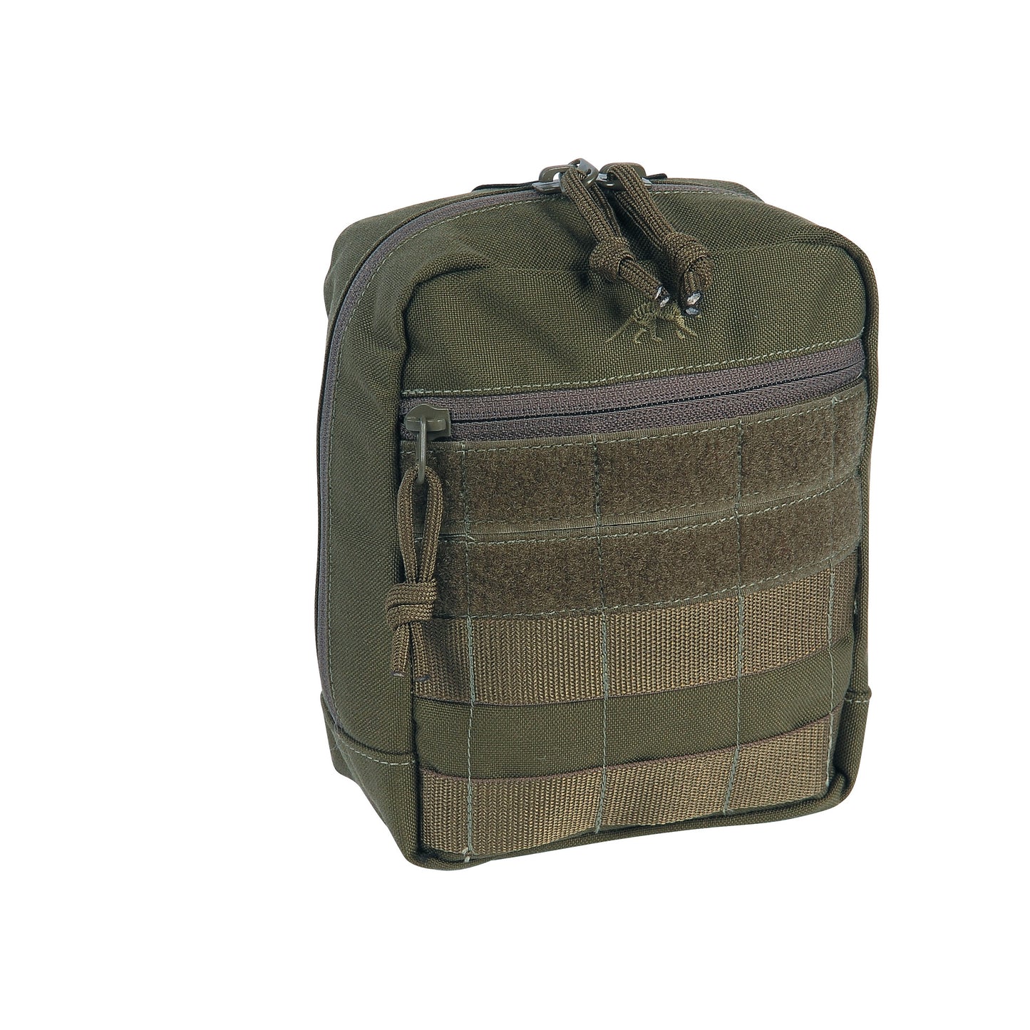 Three quarter front view of Tasmanian Tiger tac pouch with MOLLE system, zippered front compartment, and hook-and-loop panel - Olive