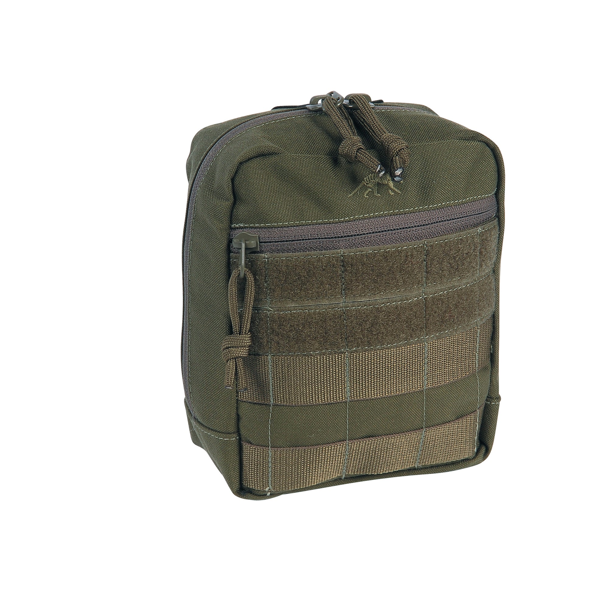 Three quarter front view of Tasmanian Tiger tac pouch with MOLLE system, zippered front compartment, and hook-and-loop panel - Olive