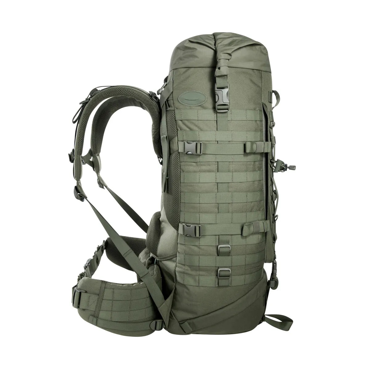 Side view of the Tasmanian Tiger Base Pack 60 FO in olive with the roll-top closed | TT8846.331