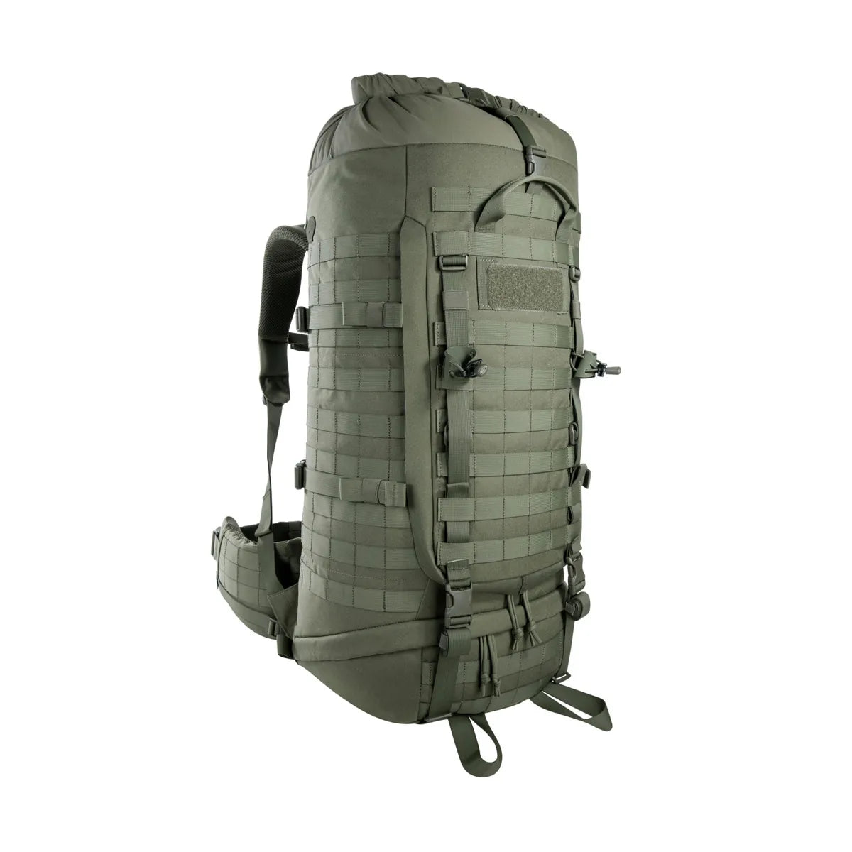 Front view of the Tasmanian Tiger Base Pack 60 FO in olive with the snow guard extended | TT8846.331