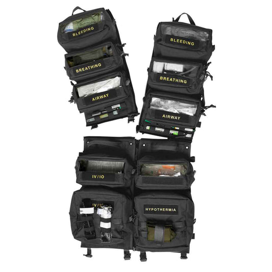 Overhead view of Tasmanian Tiger Medic Transporter pouch panel opened out to show detachable and interchangeable transparent pouches labelled BLEEDING, BREATHING, AIRWAY, IV/IO and HYPOTHERMIA using hook-and-loop straps – Black | Ships from Melbourne